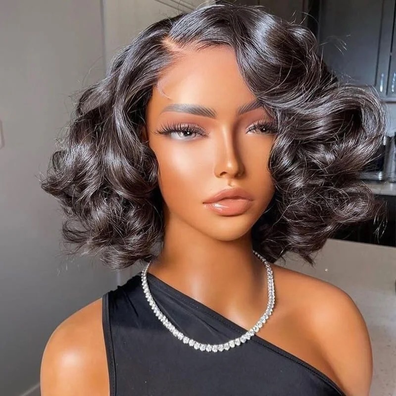 Raw peruvian loose curly 4*4 closure short bob wig